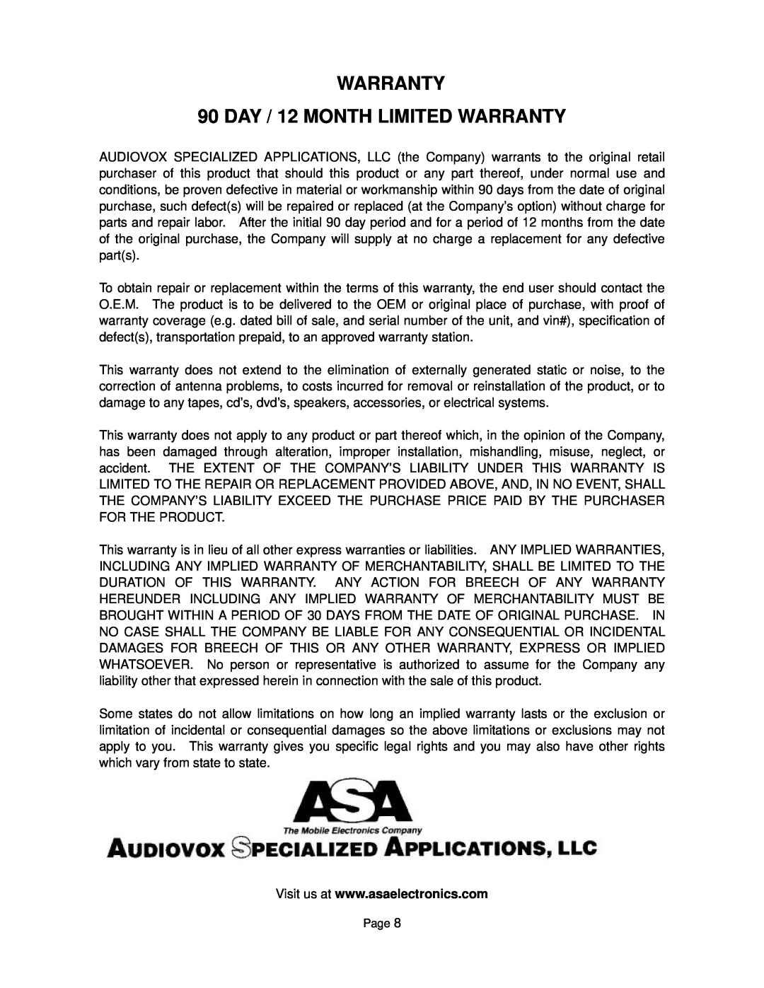 ASA Electronics AWM900S owner manual WARRANTY 90 DAY / 12 MONTH LIMITED WARRANTY 