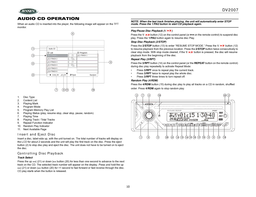 ASA Electronics DV2007 operation manual Audio CD Operation, Insert and Eject Disc, Controlling Disc Playback 