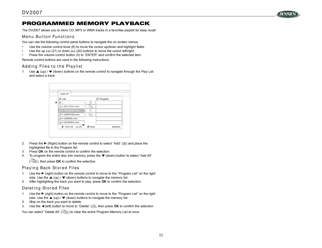 ASA Electronics DV2007 operation manual Programmed Memory Playback, Menu Button Functions, Adding Files to the Playlist 