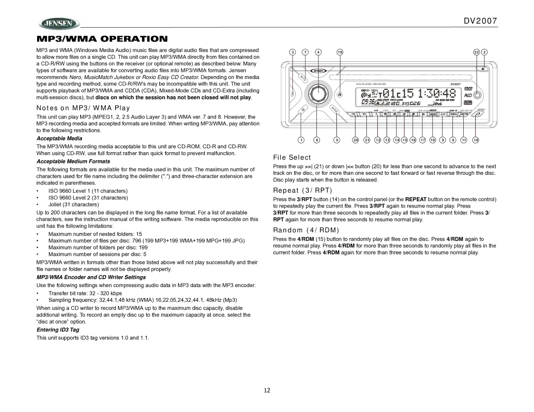 ASA Electronics DV2007 operation manual MP3/WMA Operation, File Select, Repeat 3/RPT, Random 4/RDM 