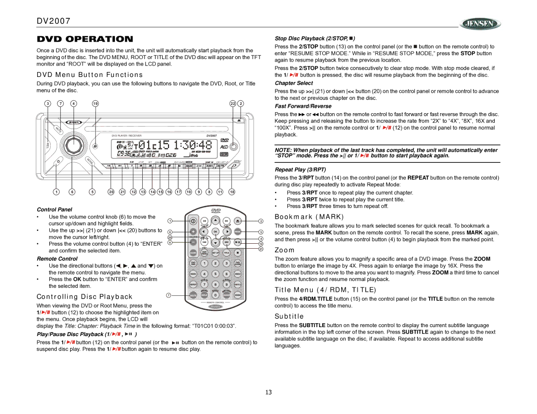 ASA Electronics DV2007 operation manual DVD Operation 