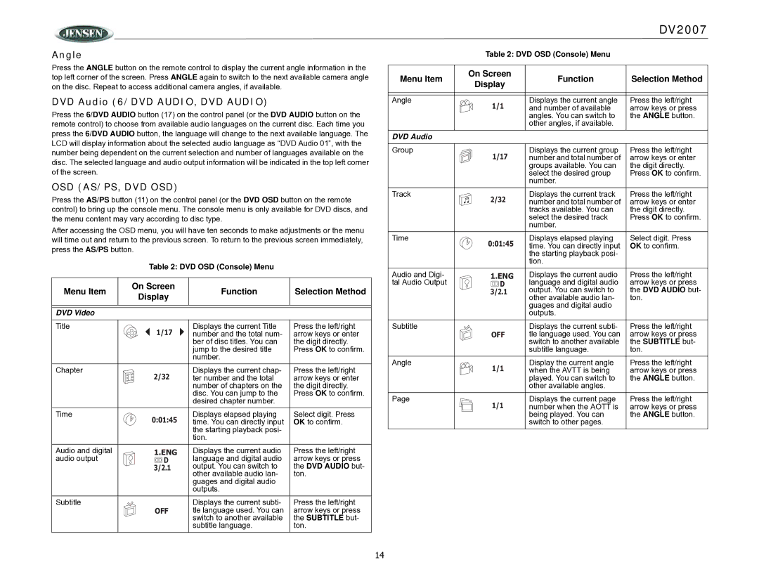 ASA Electronics DV2007 operation manual Angle, DVD Audio 6/DVD AUDIO, DVD Audio 