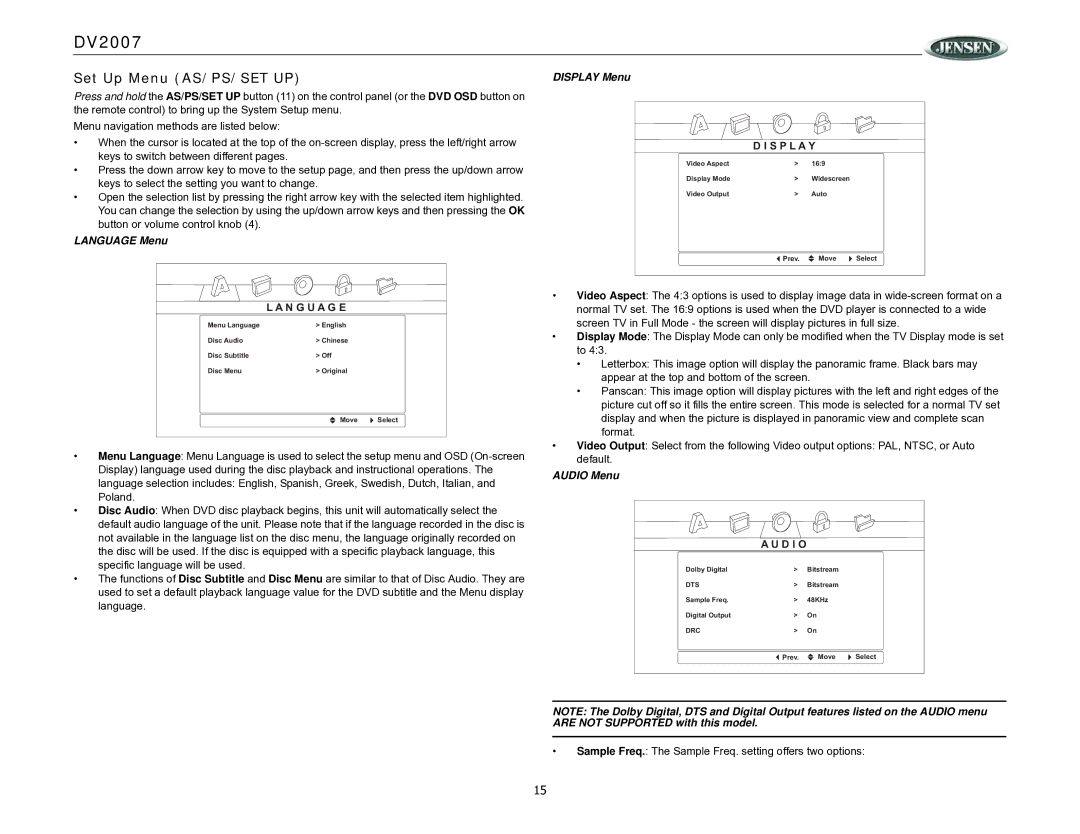 ASA Electronics DV2007 operation manual Set Up Menu AS/PS/SET UP, Language Menu, Display Menu, Audio Menu 