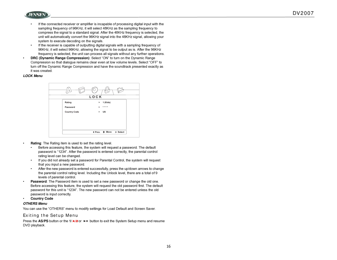 ASA Electronics DV2007 operation manual Exiting the Setup Menu, Lock Menu, Others Menu 