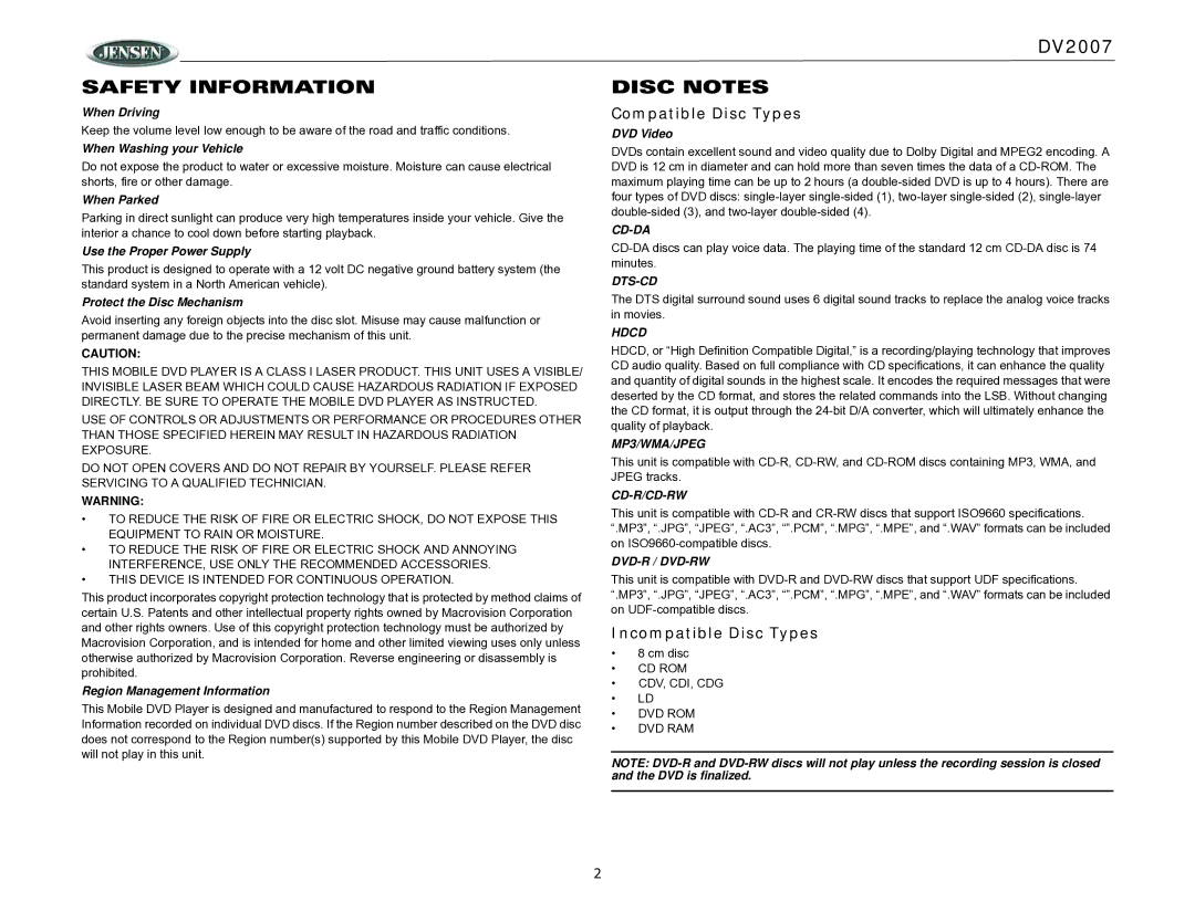 ASA Electronics DV2007 operation manual Safety Information, Disc Notes, Compatible Disc Types, Incompatible Disc Types 