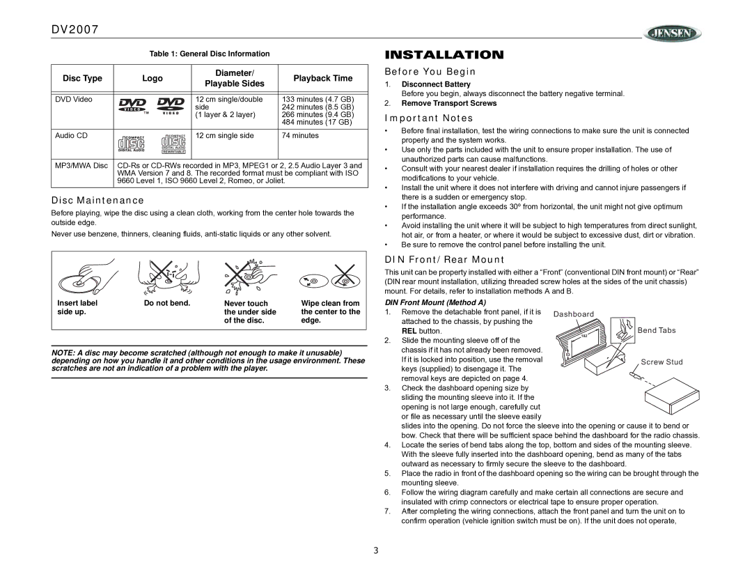 ASA Electronics DV2007 Installation, Before You Begin, Important Notes, Disc Maintenance, DIN Front/Rear Mount 