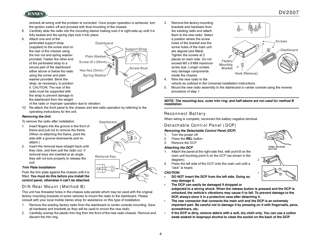 ASA Electronics DV2007 operation manual Reconnect Battery, DIN Rear Mount Method B, Detachable Control Panel DCP 