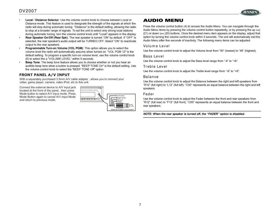 ASA Electronics DV2007 operation manual Audio Menu 