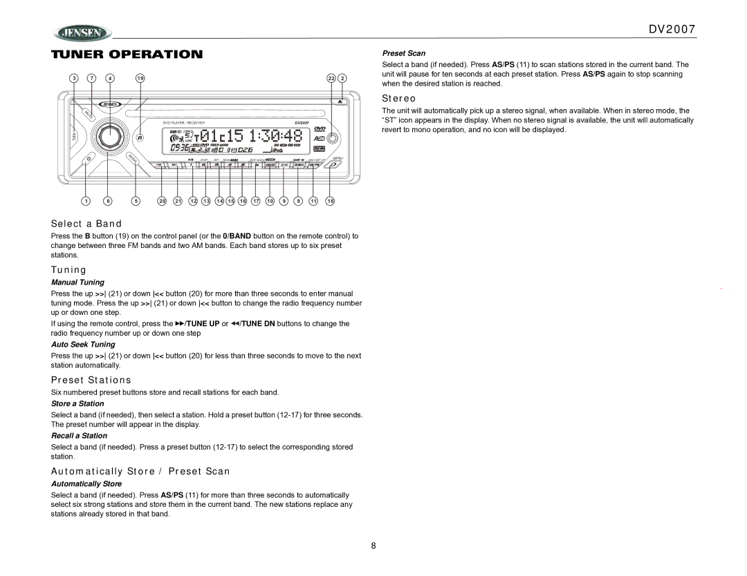 ASA Electronics DV2007 operation manual Tuner Operation 