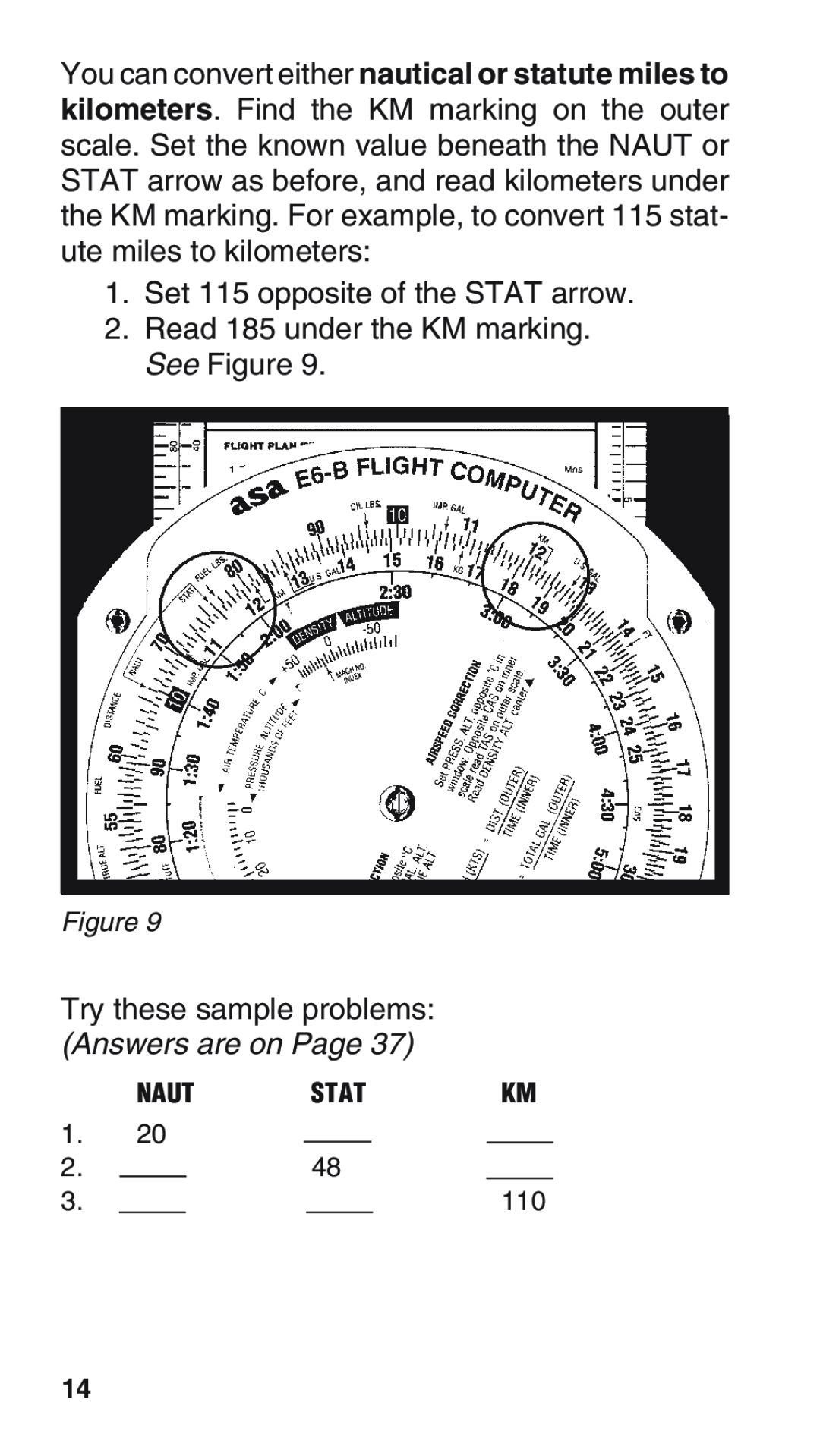ASA Electronics E6-B manual Set 115 opposite of the STAT arrow, Read 185 under the KM marking. See Figure, Naut Statkm 