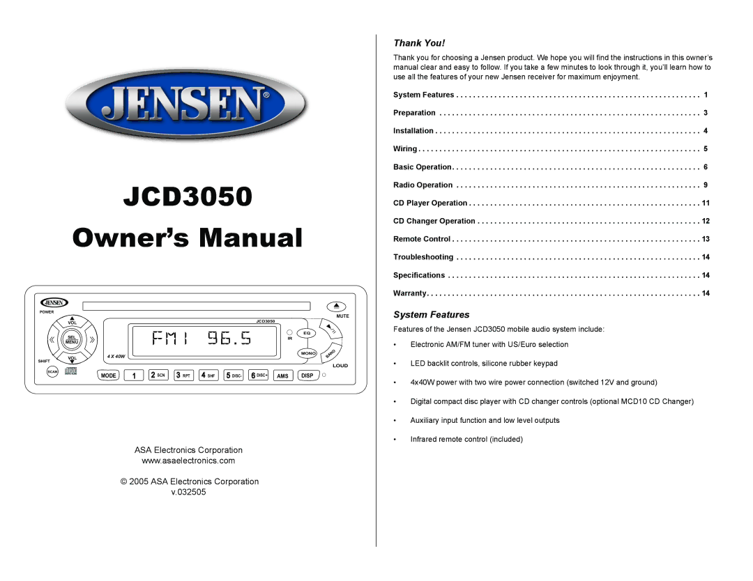 ASA Electronics JCD3050 owner manual Thank You, System Features 