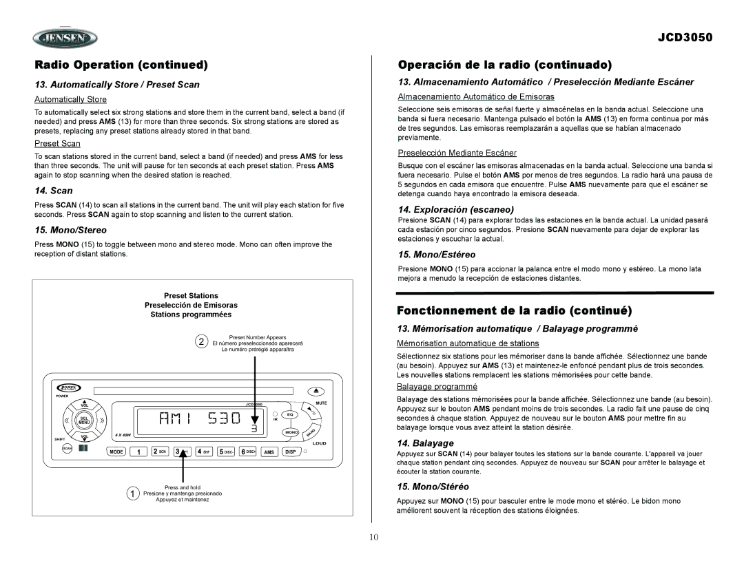 ASA Electronics owner manual JCD3050 Operación de la radio continuado, Fonctionnement de la radio continué 