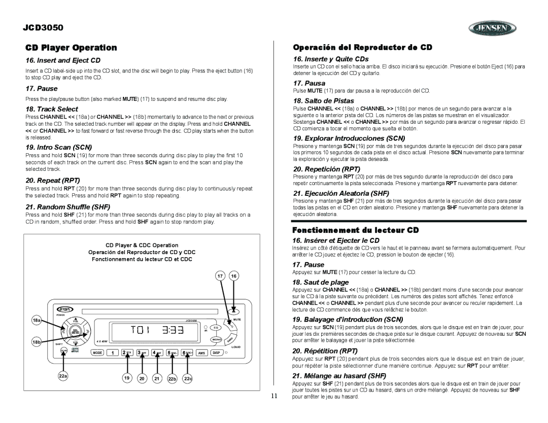 ASA Electronics owner manual JCD3050 CD Player Operation 