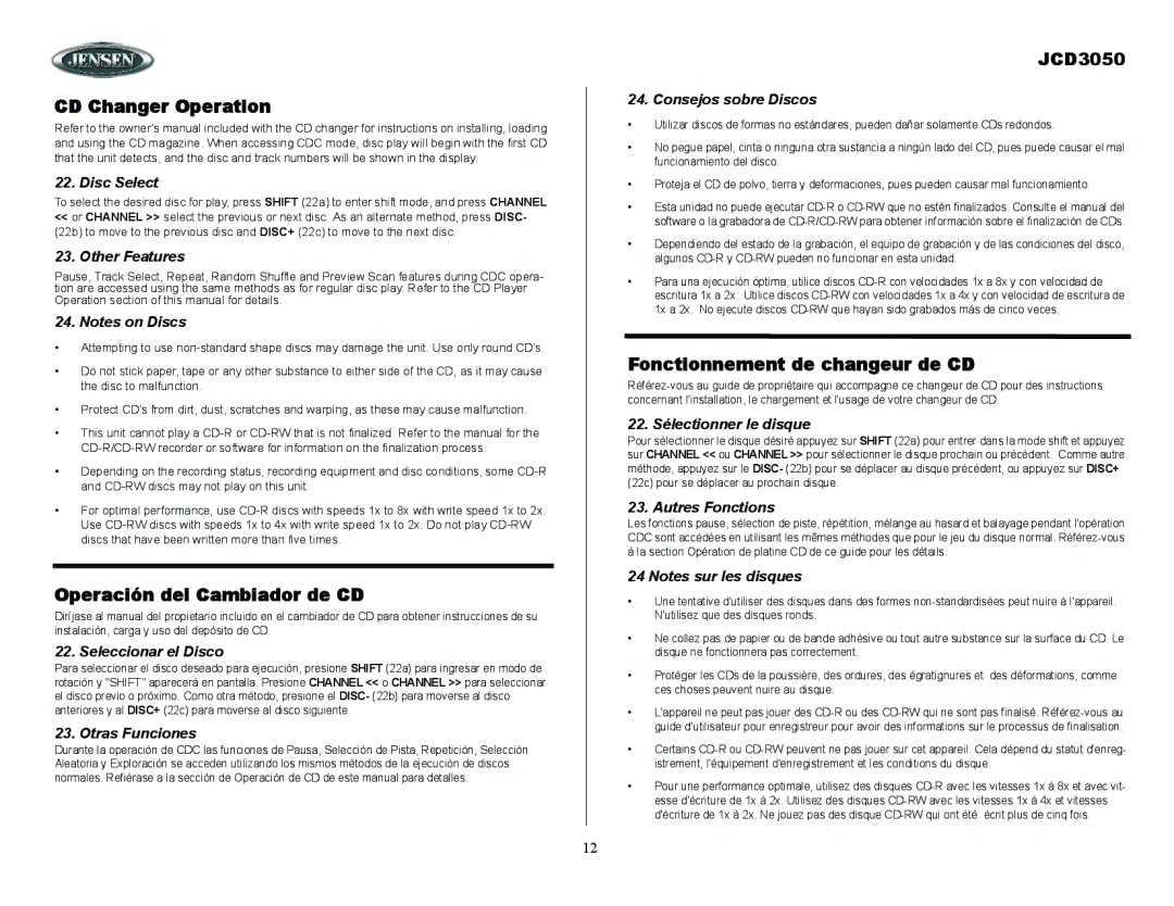 ASA Electronics JCD3050 owner manual CD Changer Operation, Operación del Cambiador de CD, Fonctionnement de changeur de CD 