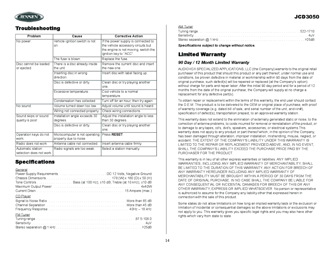 ASA Electronics JCD3050 owner manual Troubleshooting, Specifications, Day / 12 Month Limited Warranty 