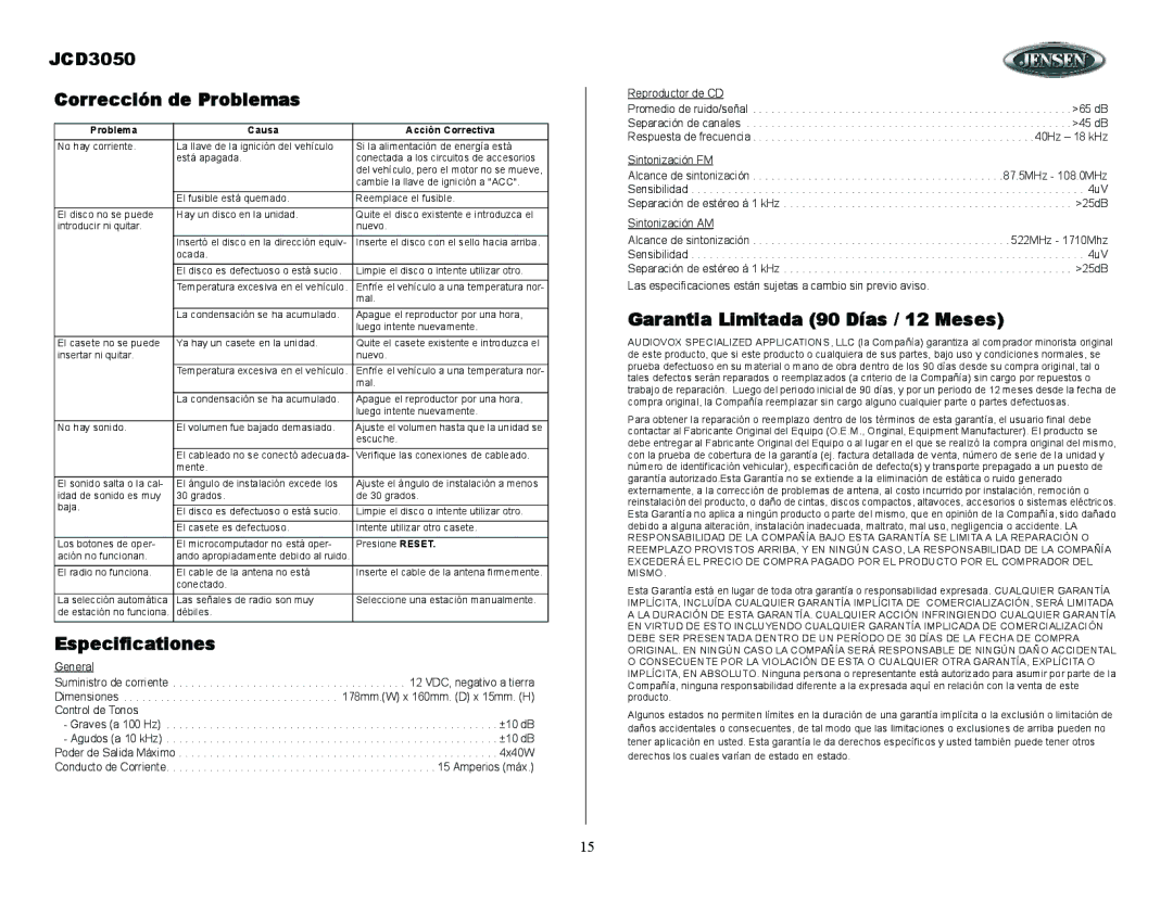 ASA Electronics owner manual JCD3050 Corrección de Problemas, Especificationes, Garantia Limitada 90 Días / 12 Meses 