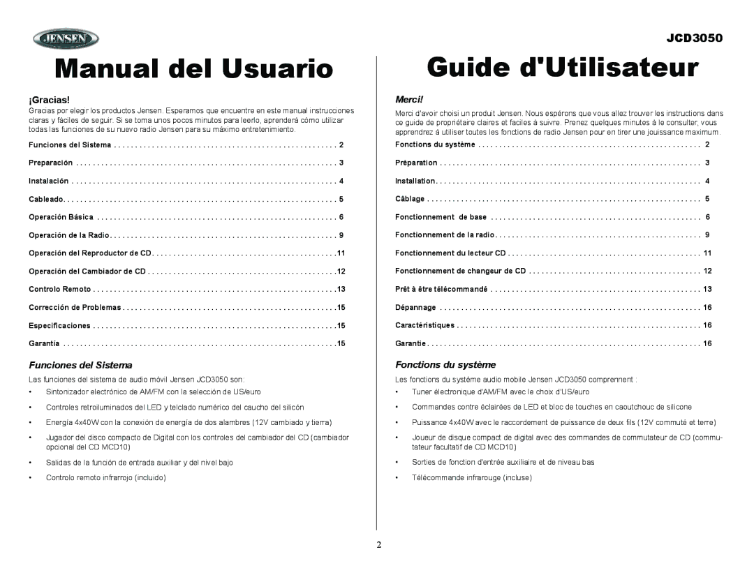 ASA Electronics JCD3050 owner manual Funciones del Sistema, Merci, Fonctions du système 