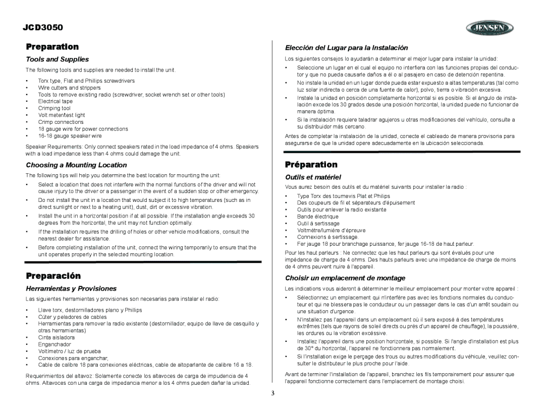 ASA Electronics owner manual JCD3050 Preparation, Preparación, Préparation 