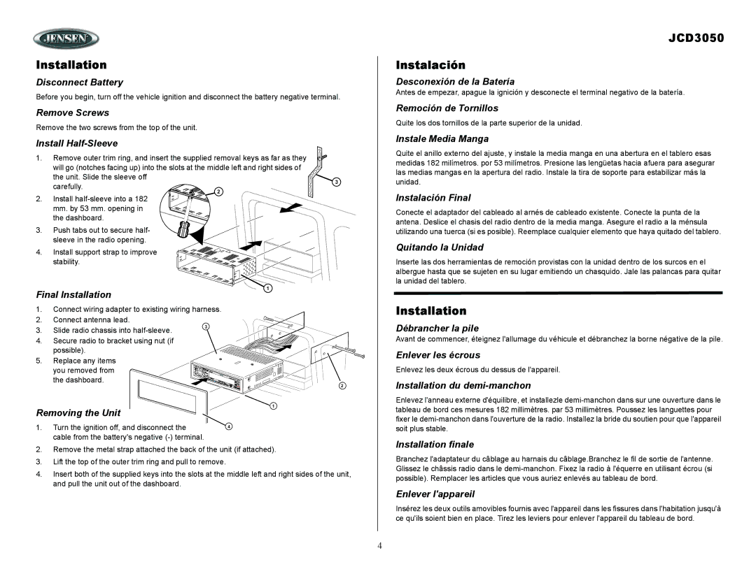 ASA Electronics owner manual Installation, JCD3050 Instalación 