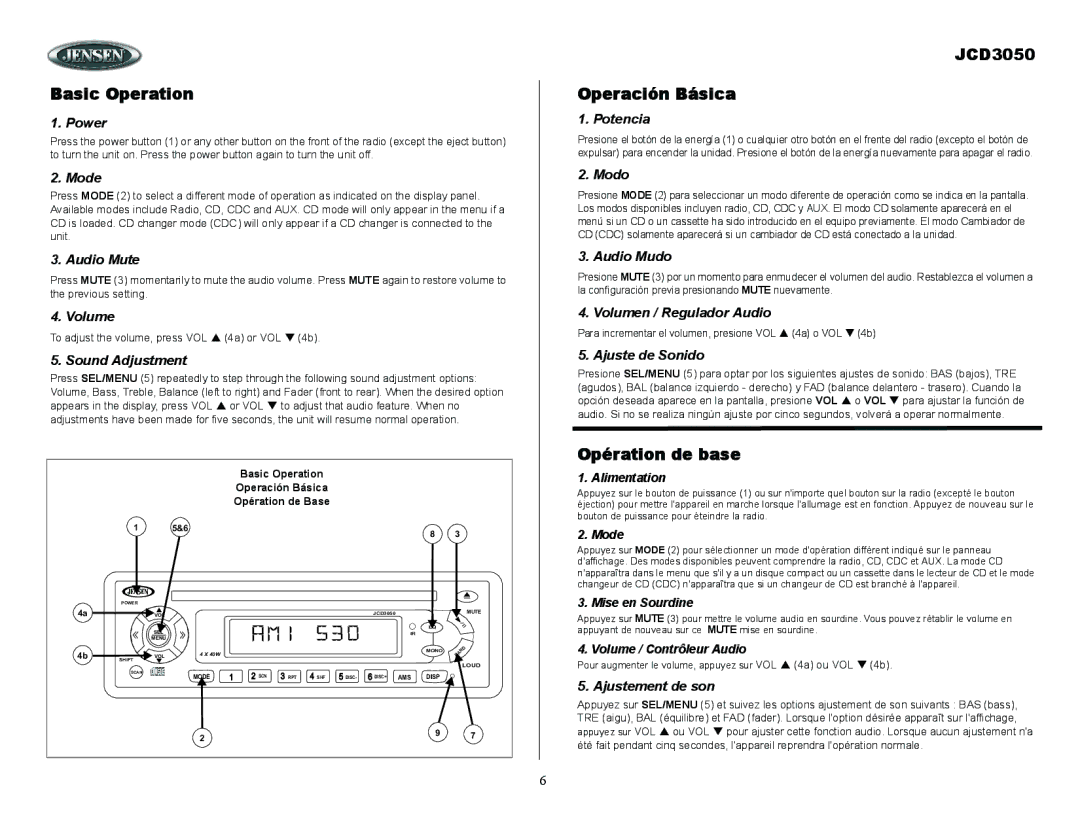 ASA Electronics owner manual Basic Operation, JCD3050 Operación Básica, Opération de base 