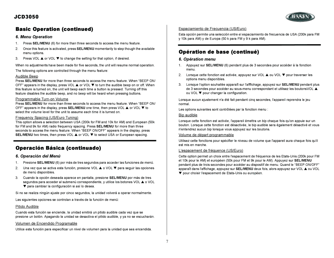 ASA Electronics owner manual JCD3050 Basic Operation, Operación Básica continuado, Opération de base continué 