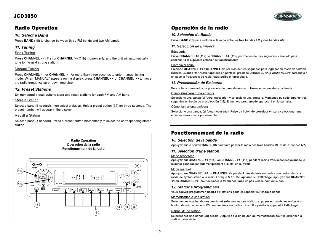 ASA Electronics owner manual JCD3050 Radio Operation, Operación de la radio, Fonctionnement de la radio 