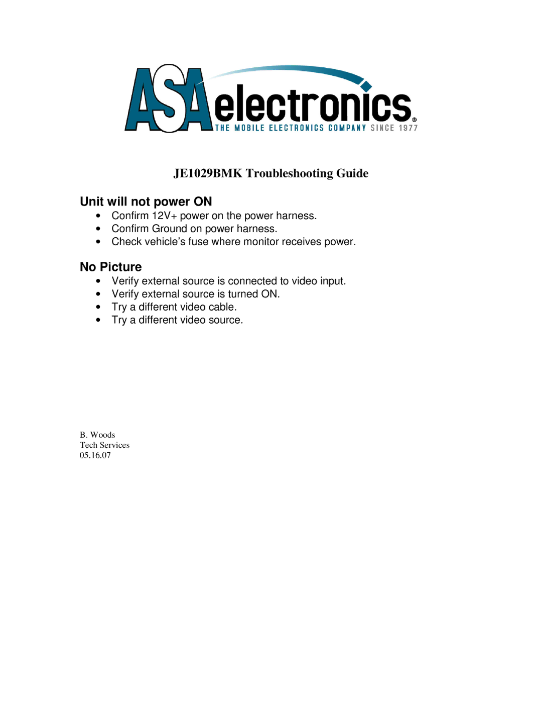 ASA Electronics JE1029BMK manual Unit will not power on, No Picture 