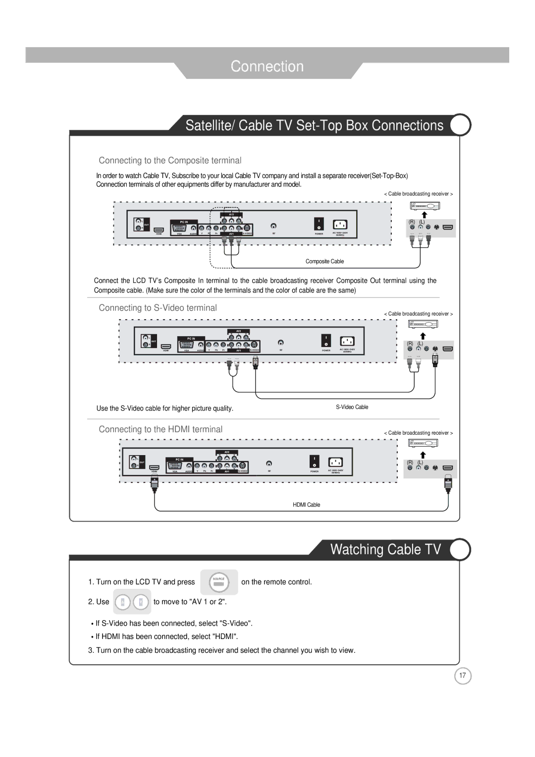 ASA Electronics JE4208 manual Satellite/ Cable TV Set-Top Box Connections, Watching Cable TV 