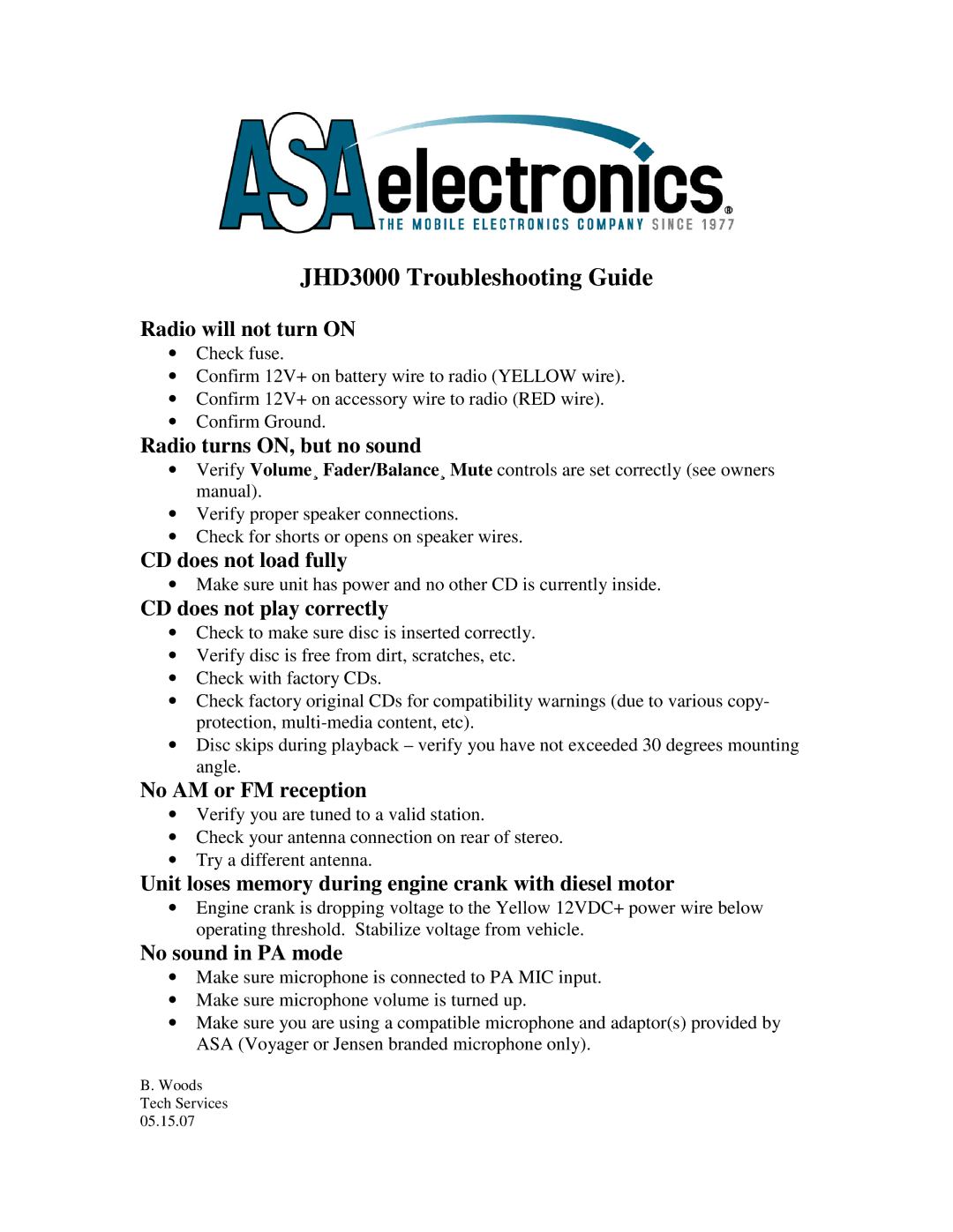 ASA Electronics owner manual JHD3000 Troubleshooting Guide 