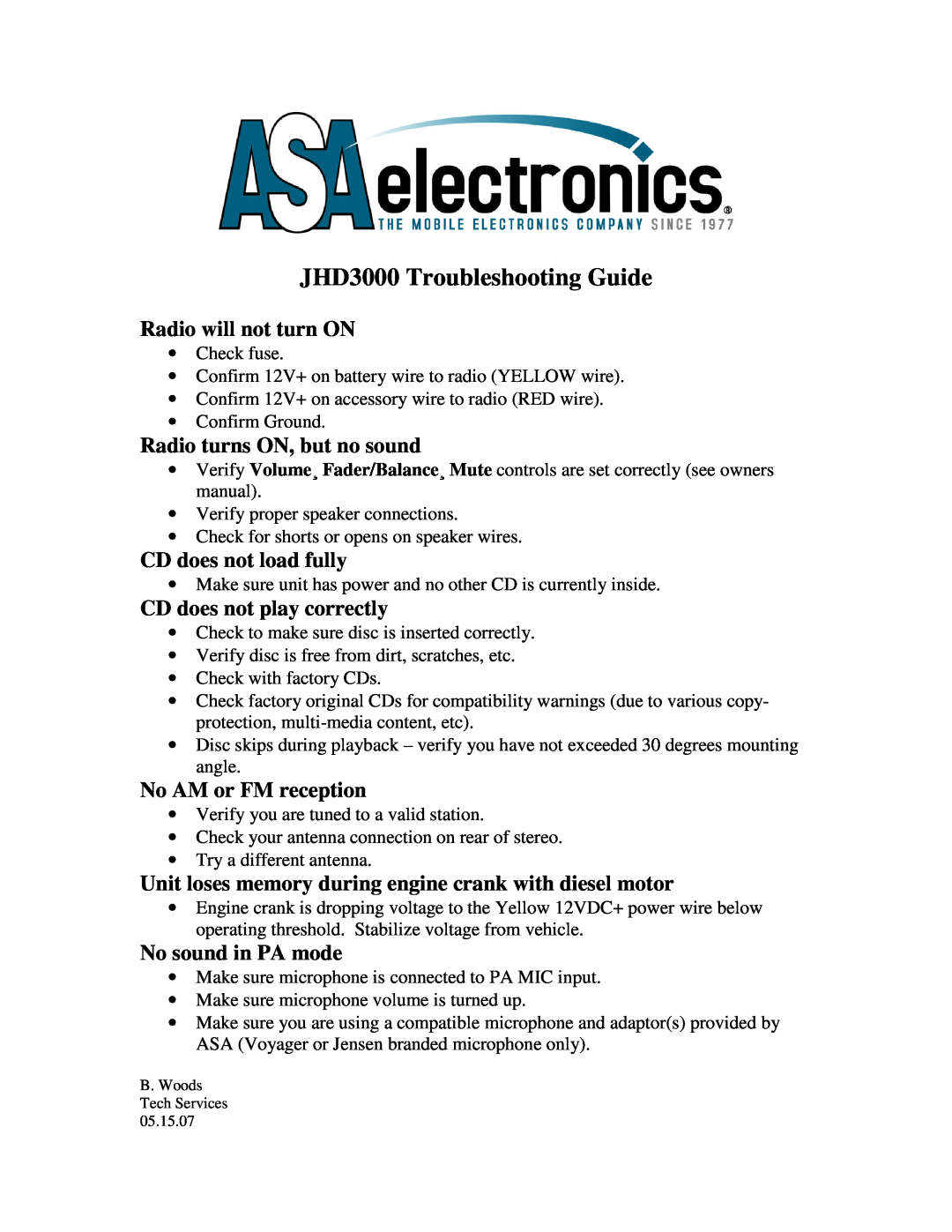 ASA Electronics owner manual JHD3000 Troubleshooting Guide, Radio will not turn ON, Radio turns ON, but no sound 