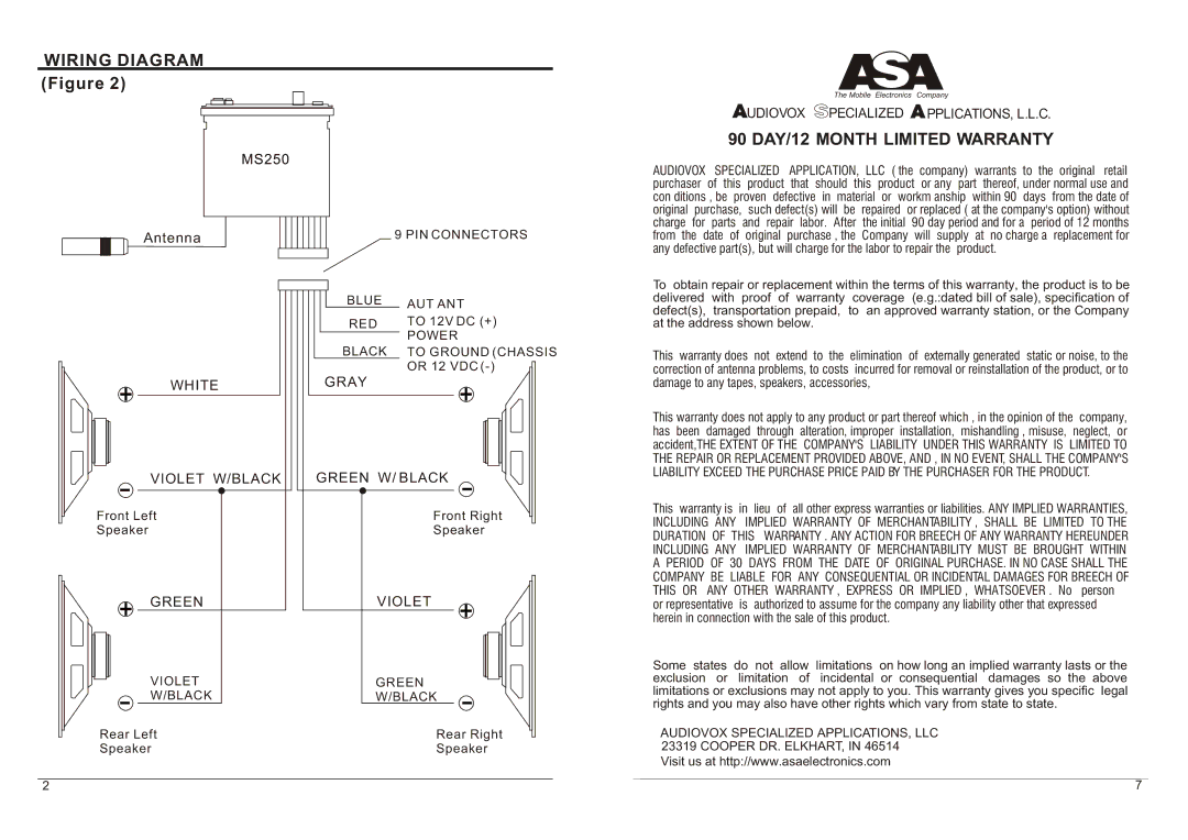 ASA Electronics MS250 owner manual Wiring Diagram, 90 DAY/12 Month Limited Warranty 