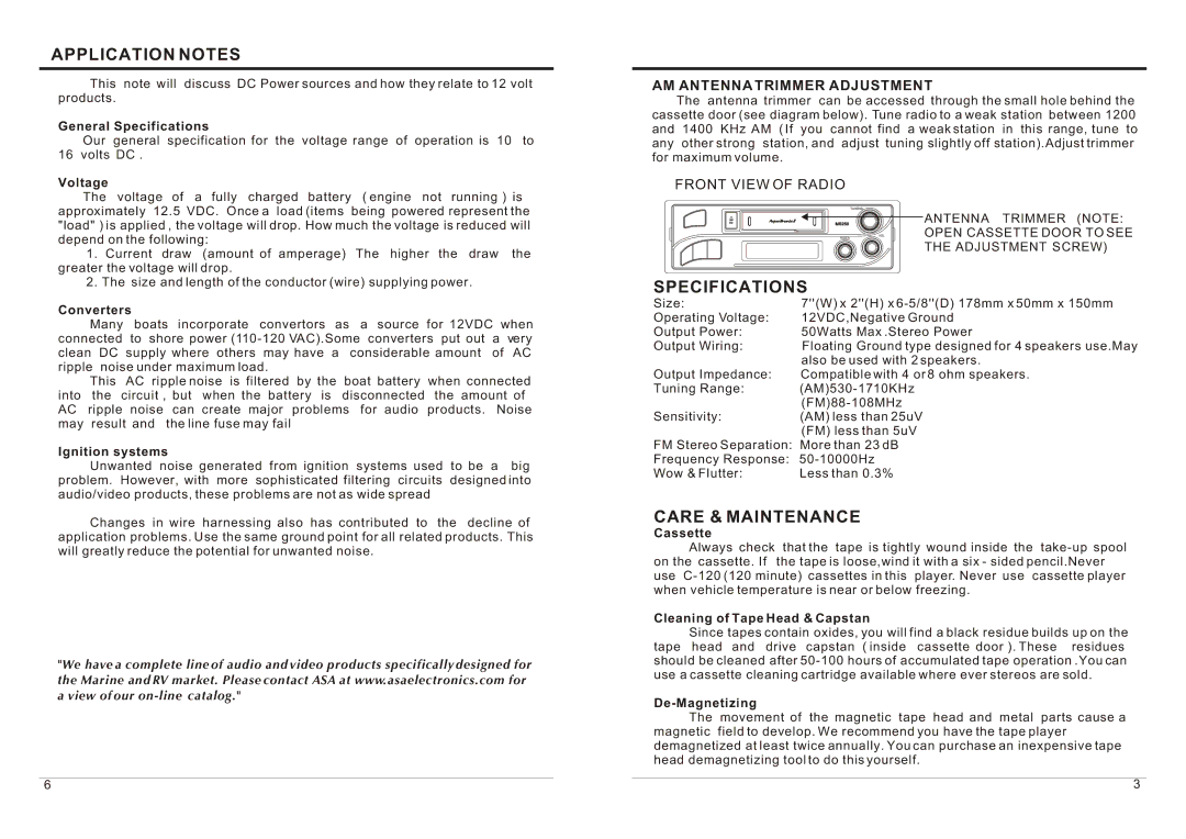 ASA Electronics MS250 owner manual Application Notes, Specifications, Care & Maintenance 