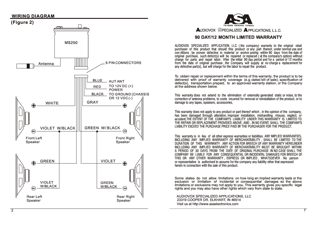 ASA Electronics MS250 WIRING DIAGRAM Figure, 90 DAY/12 MONTH LIMITED WARRANTY, Udiovox Pecialized Pplications, L.L.C 
