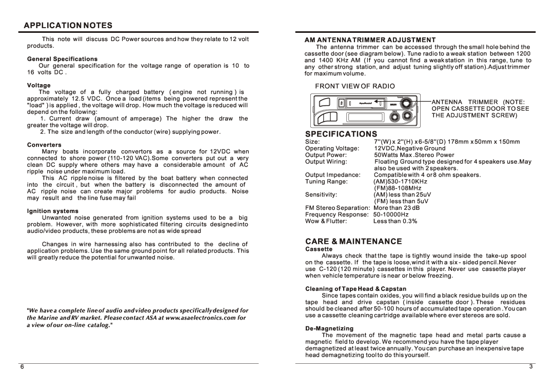 ASA Electronics MS250 Application Notes, Care & Maintenance, Front View Of Radio, General Specifications, Voltage 