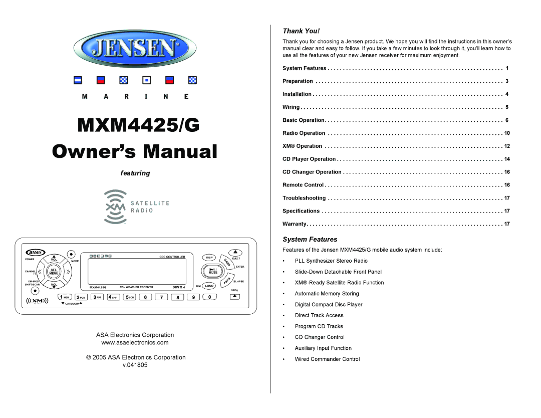 ASA Electronics MXM4425/G owner manual Featuring, Thank You, System Features, ASA Electronics Corporation 041805 