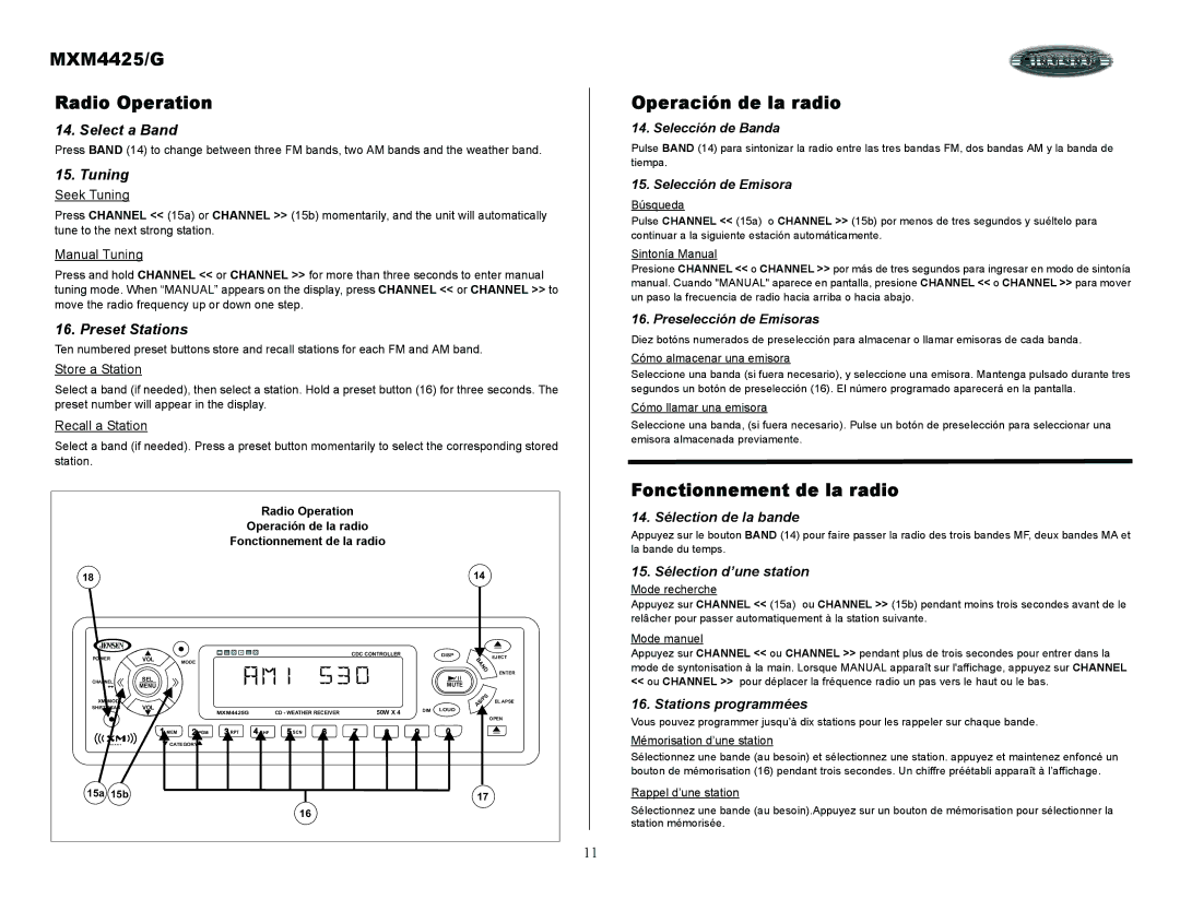 ASA Electronics owner manual MXM4425/G Radio Operation, Operación de la radio, Fonctionnement de la radio 