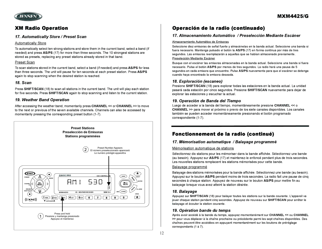 ASA Electronics XM Radio Operation, MXM4425/G Operación de la radio continuado, Fonctionnement de la radio continué 