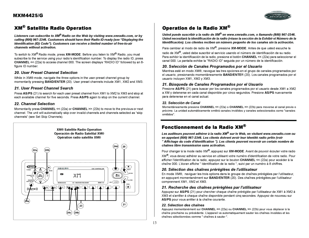 ASA Electronics MXM4425/G XM Satellite Radio Operation, Operation de la Radio XM, Fonctionnement de la Radio XM 