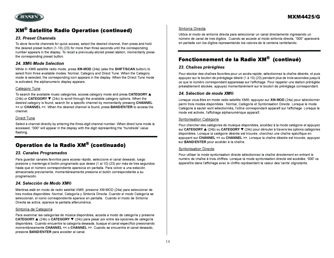 ASA Electronics MXM4425/G owner manual Operation de la Radio XM continuado, Fonctionnement de la Radio XM continué 