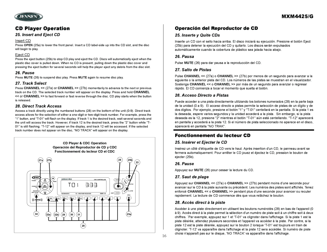 ASA Electronics MXM4425/G owner manual CD Player Operation 