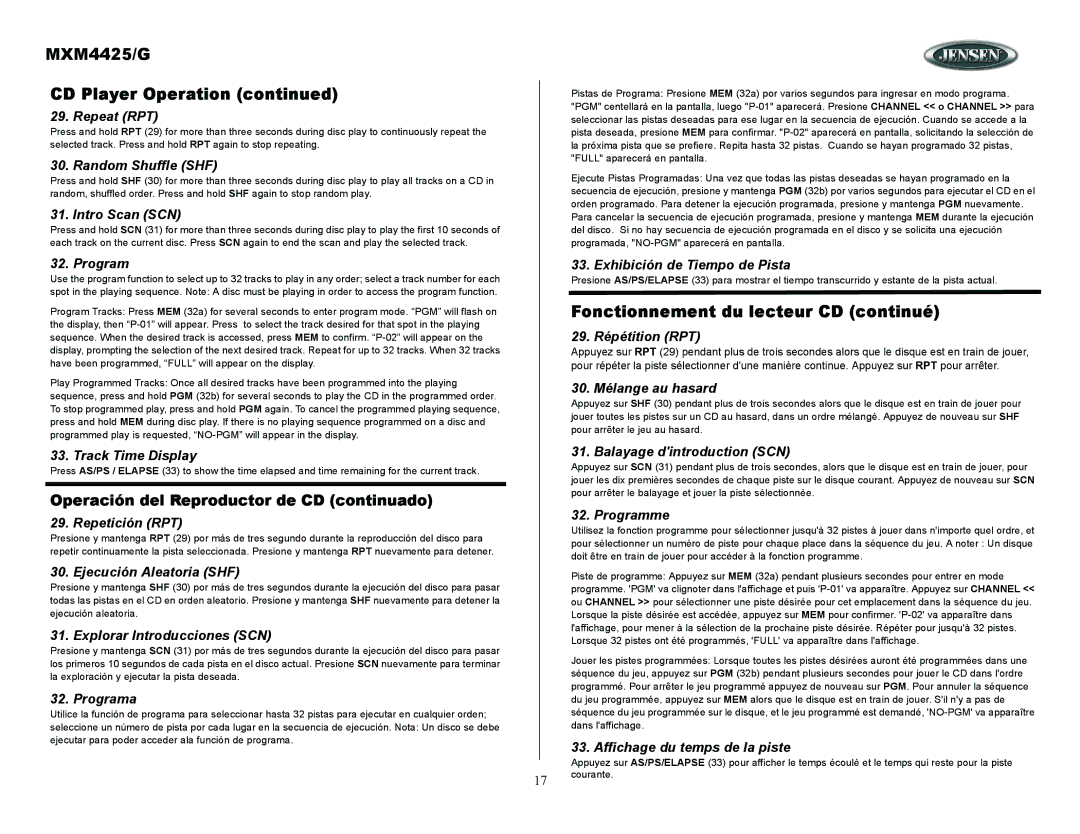 ASA Electronics owner manual MXM4425/G CD Player Operation, Fonctionnement du lecteur CD continué 