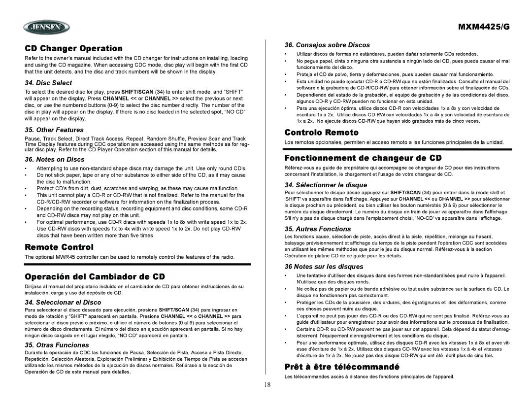 ASA Electronics MXM4425/G owner manual CD Changer Operation, Remote Control, Operación del Cambiador de CD, Controlo Remoto 