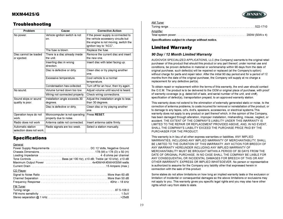 ASA Electronics owner manual MXM4425/G Troubleshooting, Specifications, Day / 12 Month Limited Warranty 