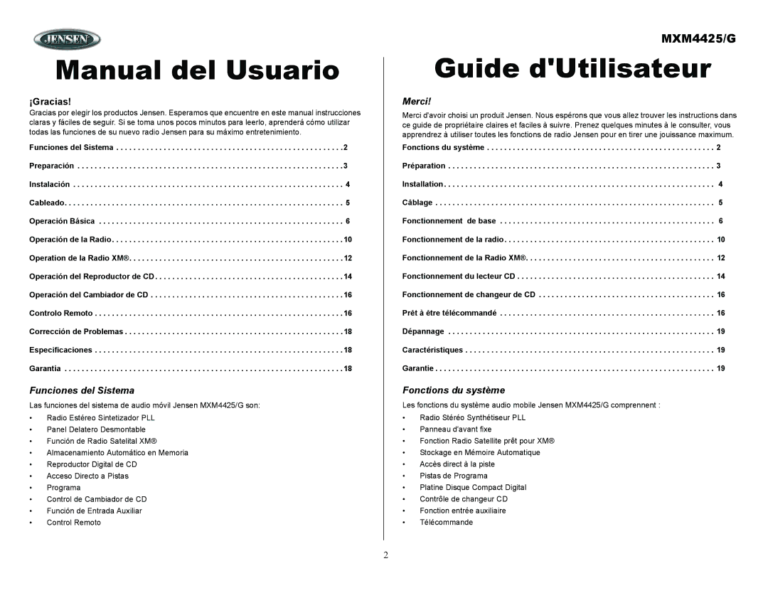 ASA Electronics MXM4425/G owner manual Funciones del Sistema, Merci, Fonctions du système 