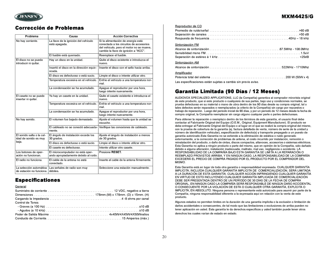 ASA Electronics MXM4425/G owner manual Corrección de Problemas, Especificationes, Garantia Limitada 90 Días / 12 Meses 