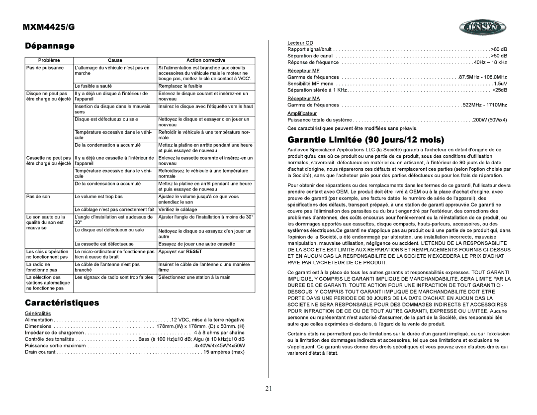 ASA Electronics owner manual MXM4425/G Dépannage, Caractéristiques, Garantie Limitée 90 jours/12 mois 