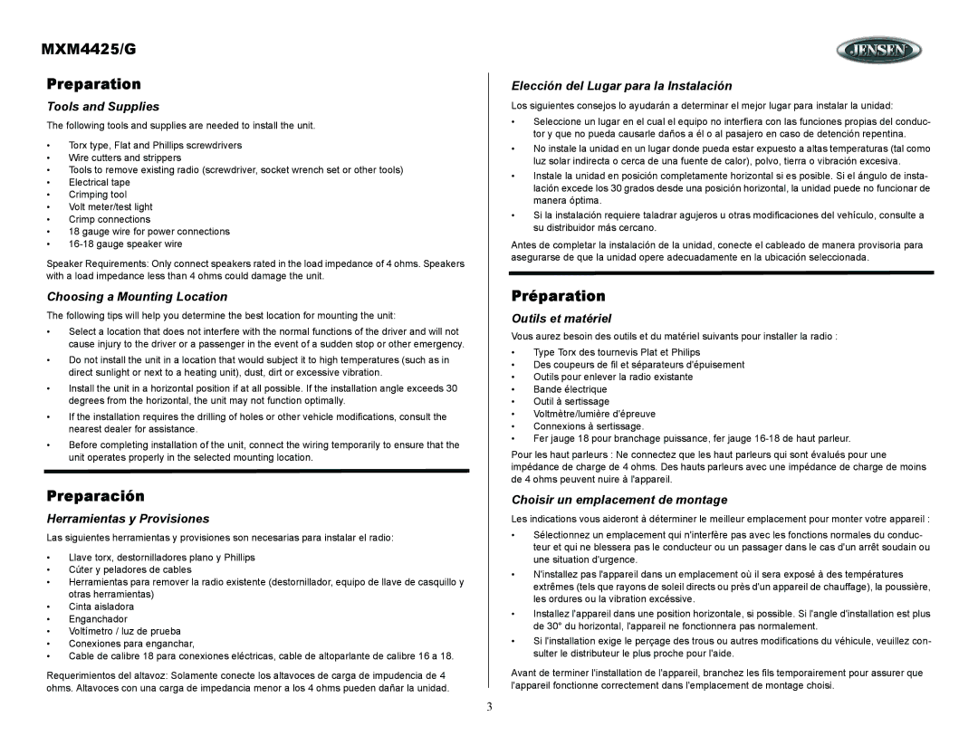 ASA Electronics owner manual MXM4425/G Preparation, Preparación, Préparation 