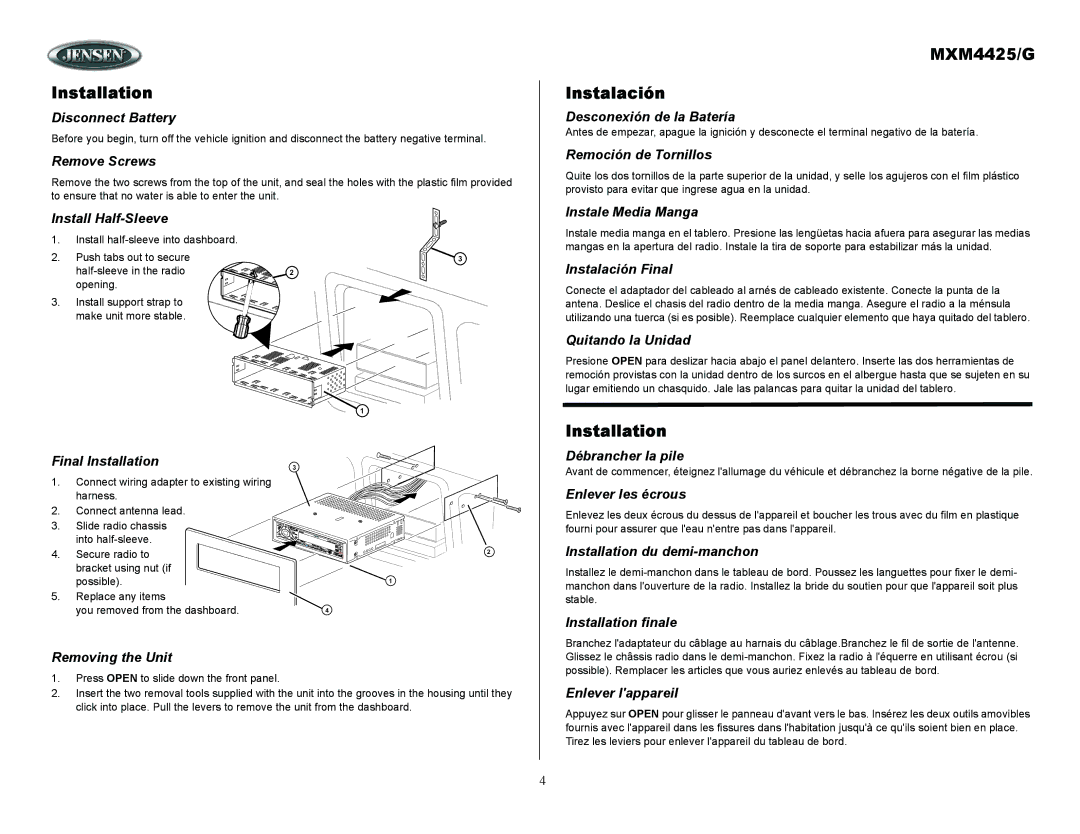 ASA Electronics owner manual Installation, MXM4425/G Instalación 