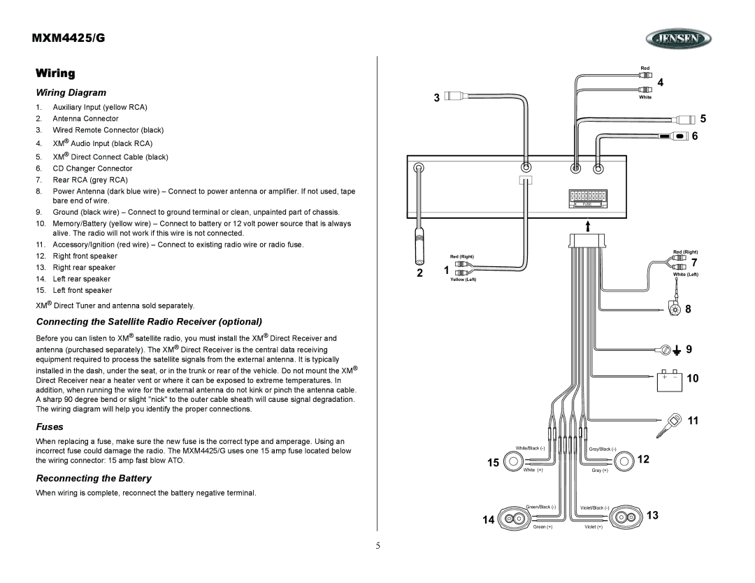 ASA Electronics owner manual MXM4425/G Wiring, Wiring Diagram, Connecting the Satellite Radio Receiver optional, Fuses 