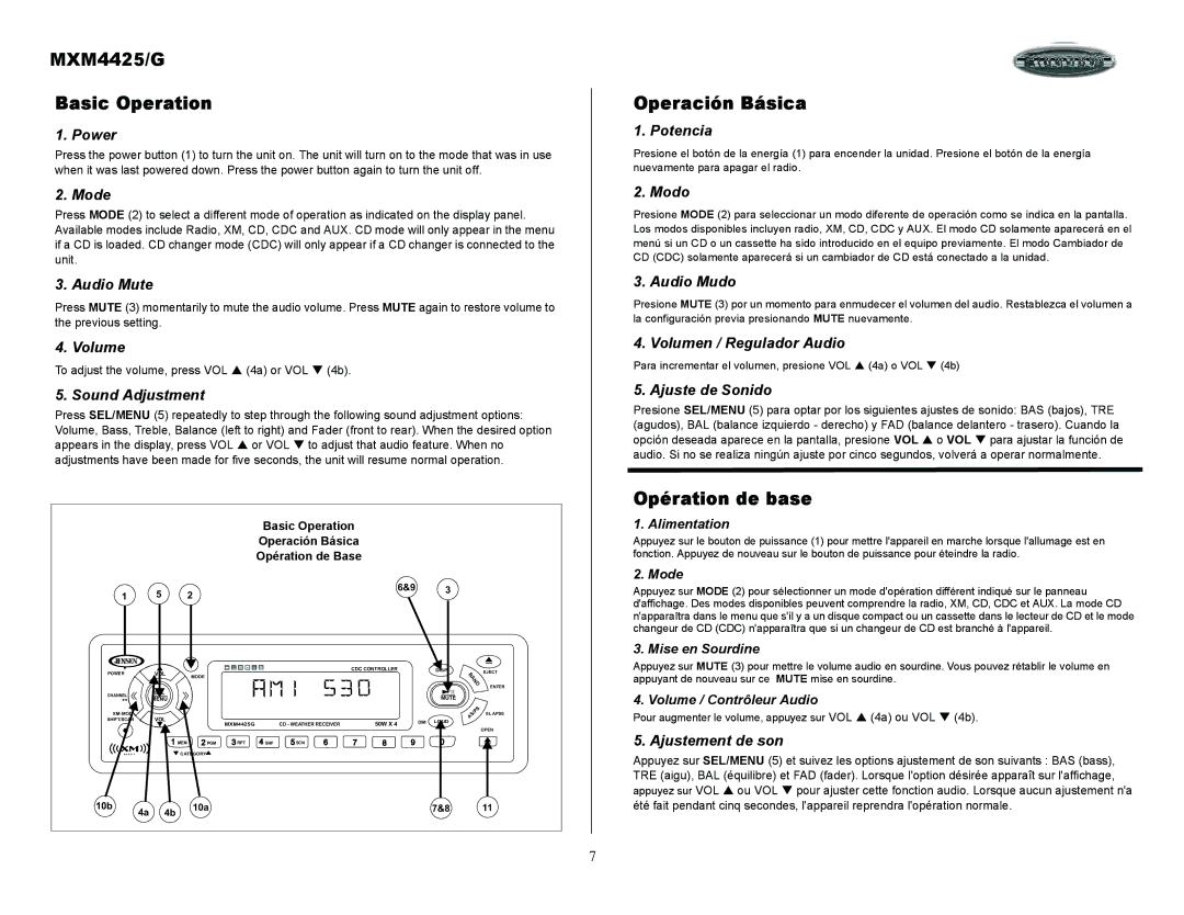 ASA Electronics owner manual MXM4425/G Basic Operation, Operación Básica, Opération de base 